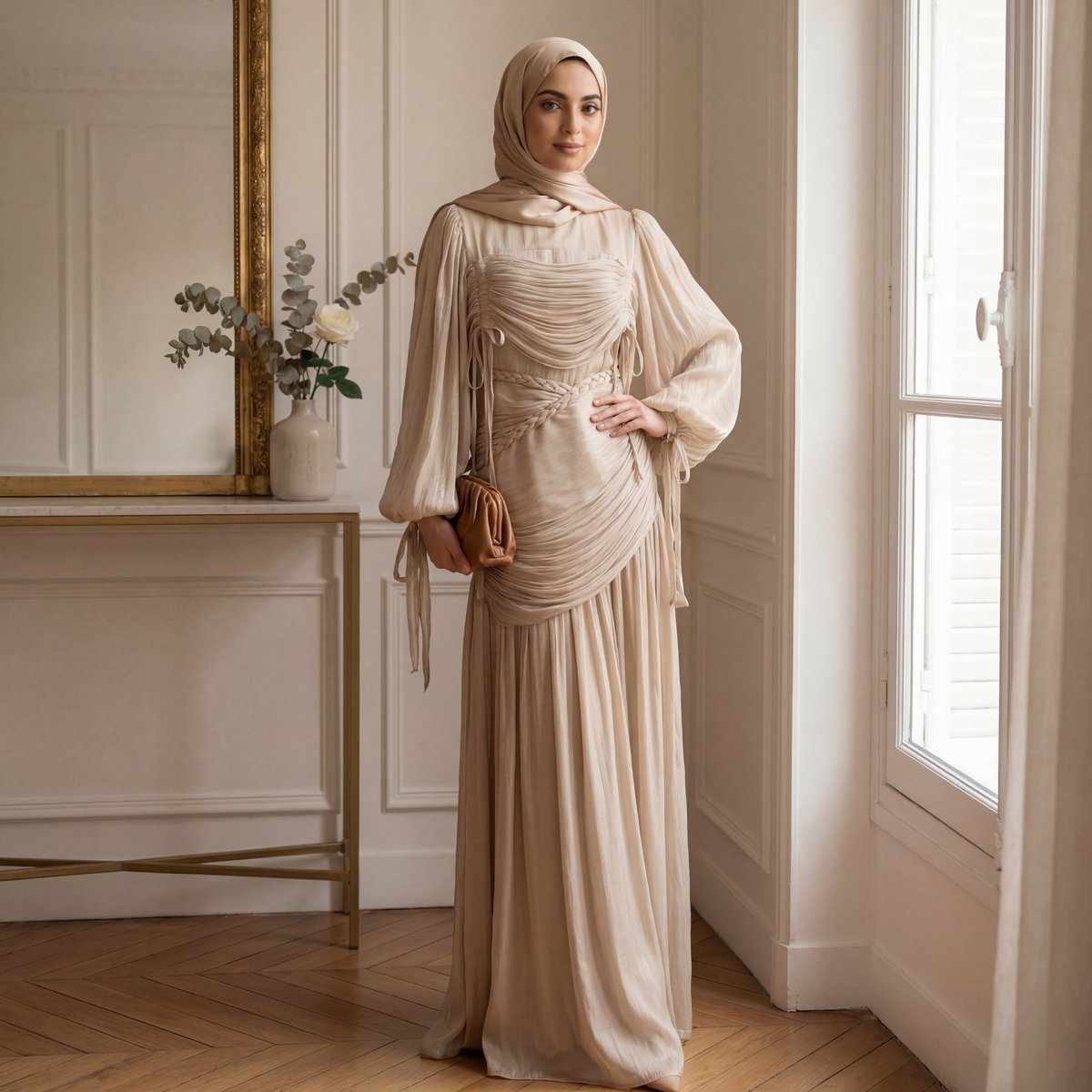 Robe Maxi à Col Tressé, Fronces et Franges (MS406)