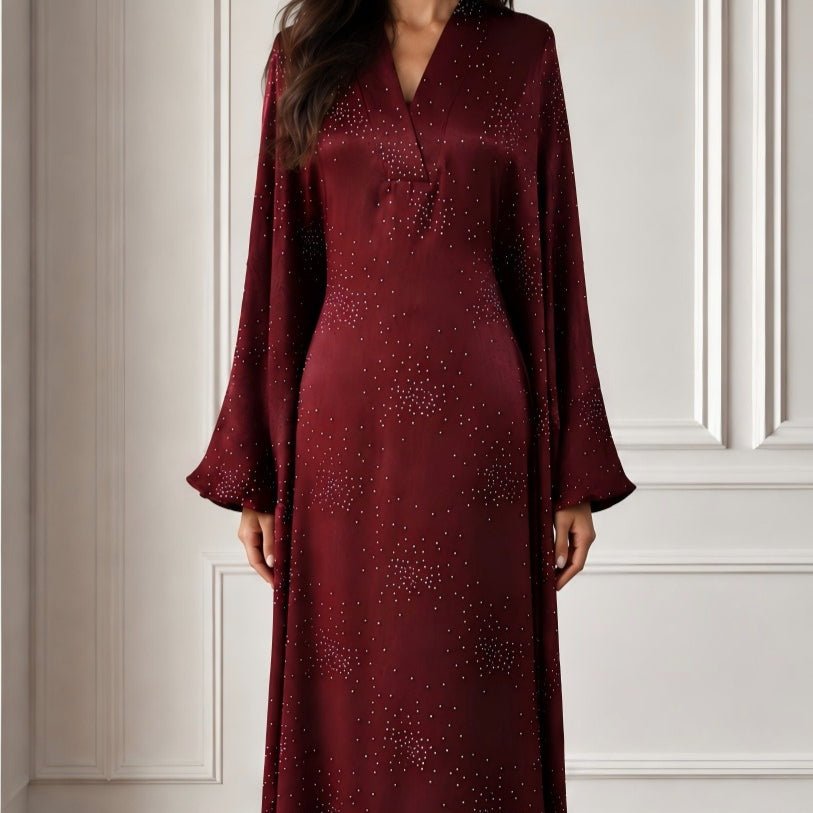 Robe Maxi Galaxy Rhinestone Encolure V Manches Évasées (MS518)