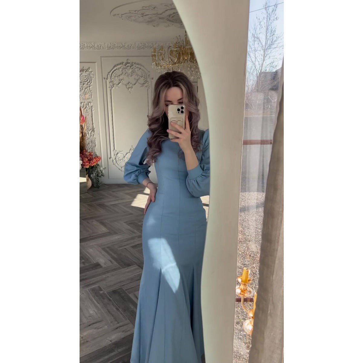 Robe Abaya Sirène en Mousseline Bleue à Manches Longues, Style Cour Élégant Printanier (MA222)
