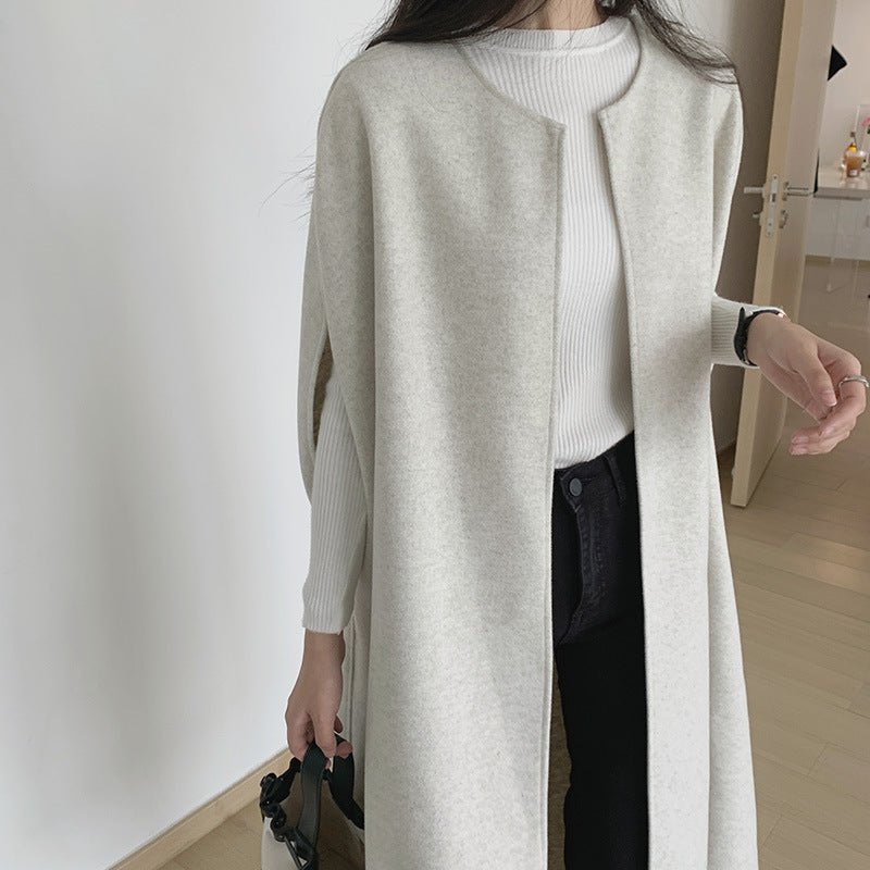 Gilet Cape sans Manches | Gilet-Manteau Long Minimaliste en Mélange de Laine (MS204)