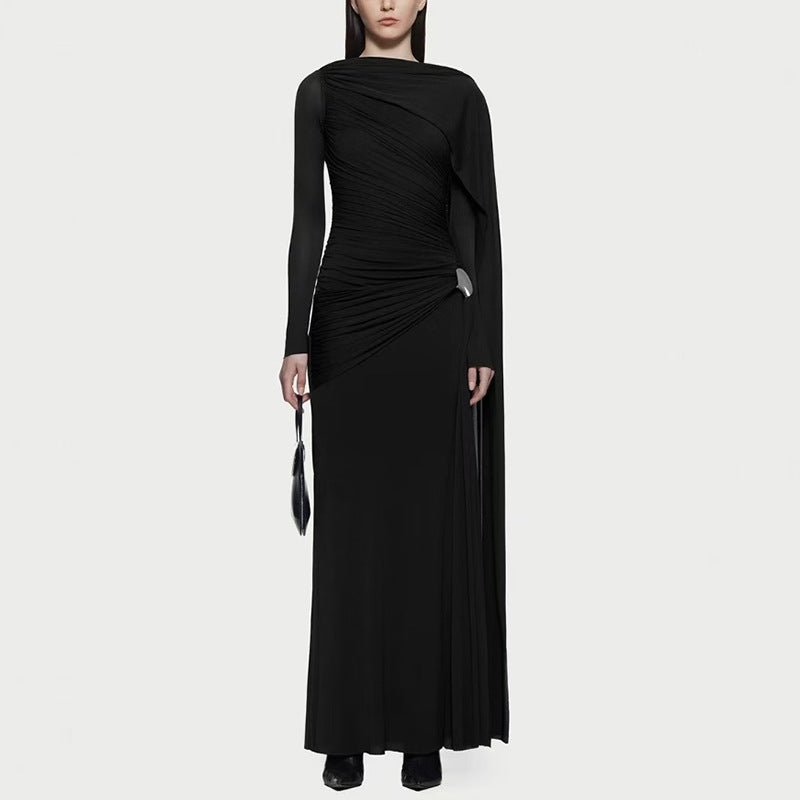 Robe Longue Cape Drapée en Diagonale | Robe Maxi Asymétrique à Manches Longues Drapées (MS222)