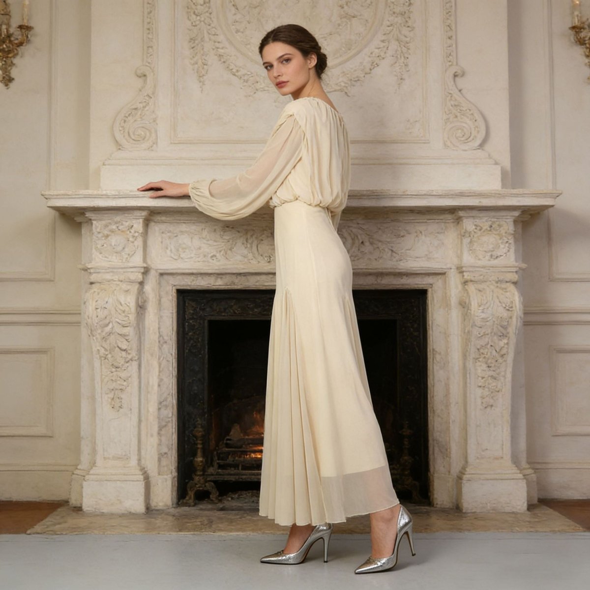Robe longue col rond, bustier drapé et manches lanterne (MS402)