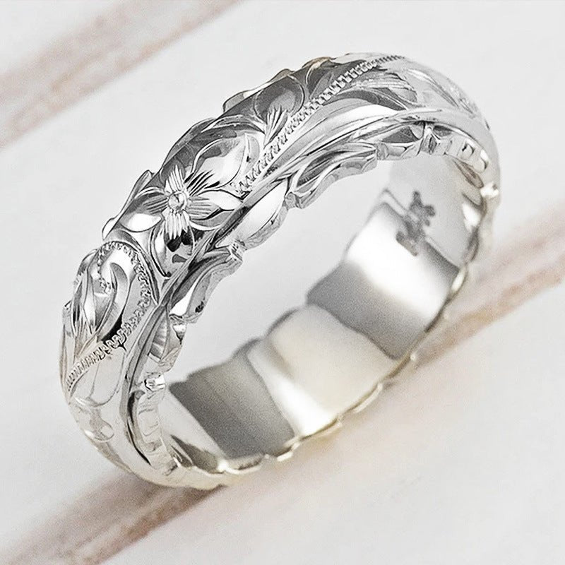 Bague en or jaune 14 carats gravée avec rose flottante (MAC195)