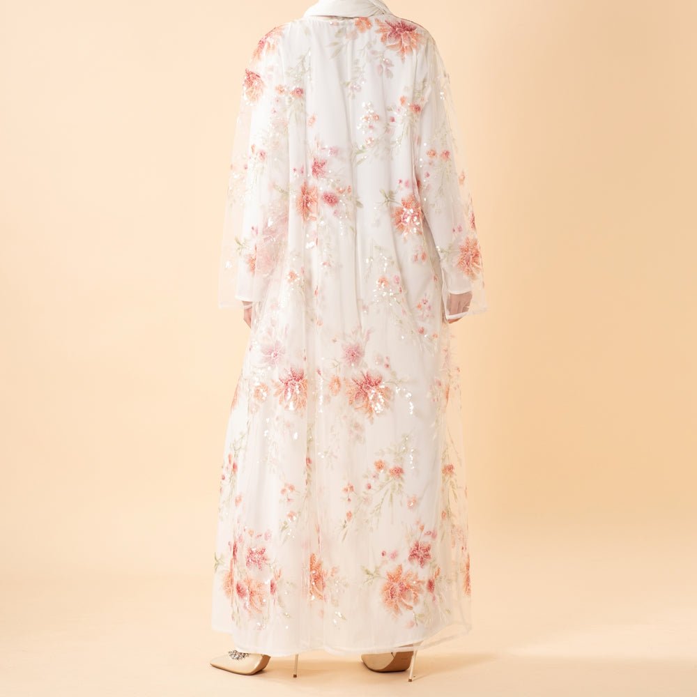 Abaya ouverte de luxe brodée de sequins floraux 3D pour mariages et l'Aïd (MOA306)