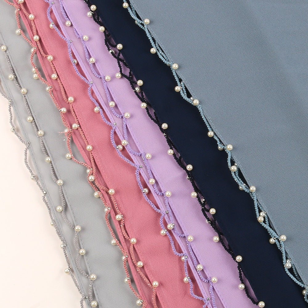 Hijab en Chiffon Uni avec Bordure Perlée Délicate, Vague Ornée de Perles (MH139)