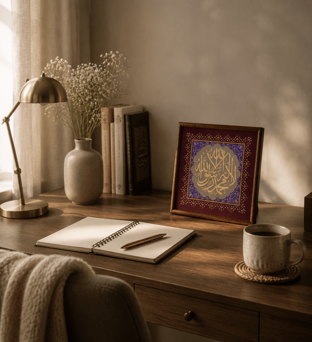 Art mural de calligraphie islamique artisanale | Cadre bois en relief cuivre (MAC451)