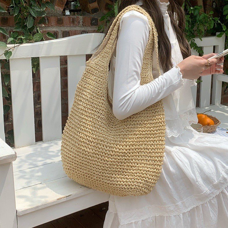 Sac de plage en paille pour femme, tendance et polyvalent, grande capacité, style vacances, sac fourre-tout en paille (MAC241)