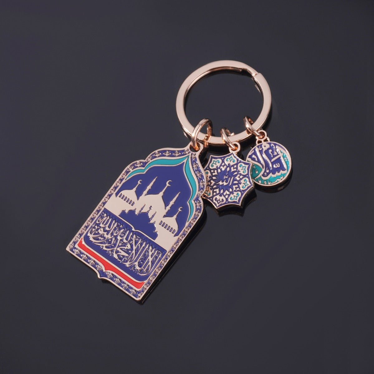 Porte-clés Mosquée pour Voiture | Chapelet de Prière Islamique en Perles Doré Rose avec Breloque Mosquée en Émail Bleu (MAC254)