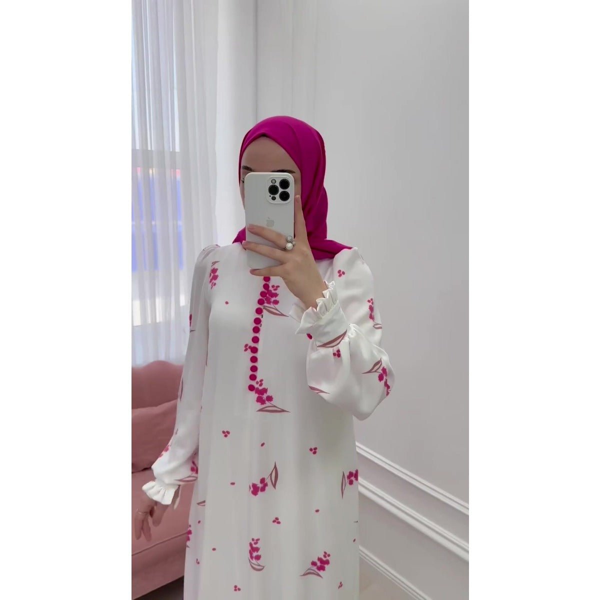 Robe Longue Élégante à Manches Volantées, Motif Floral Rose Romantique, Robe Modeste Abaya (MA227)