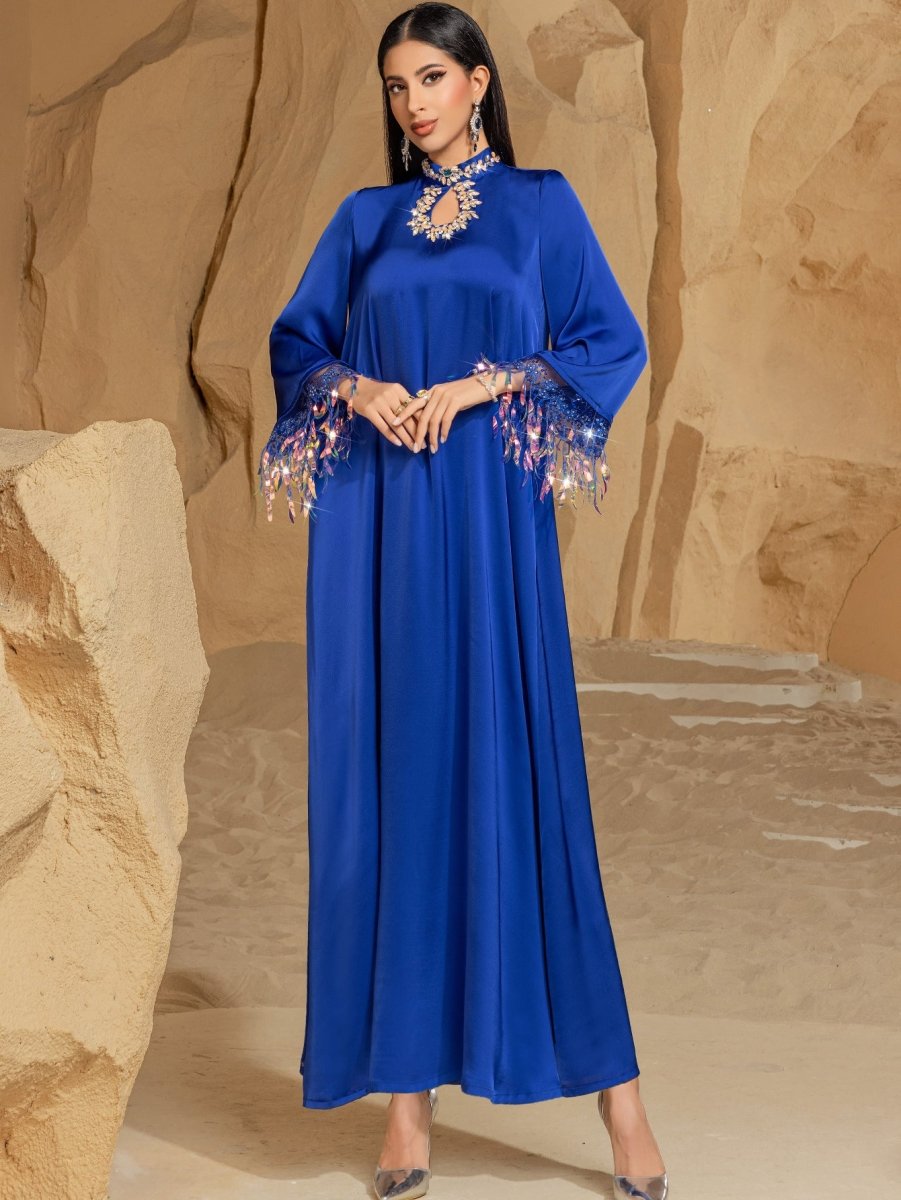 Robe Abaya longue élégante bleue | Abaya bleu dégradé à franges (MA184)