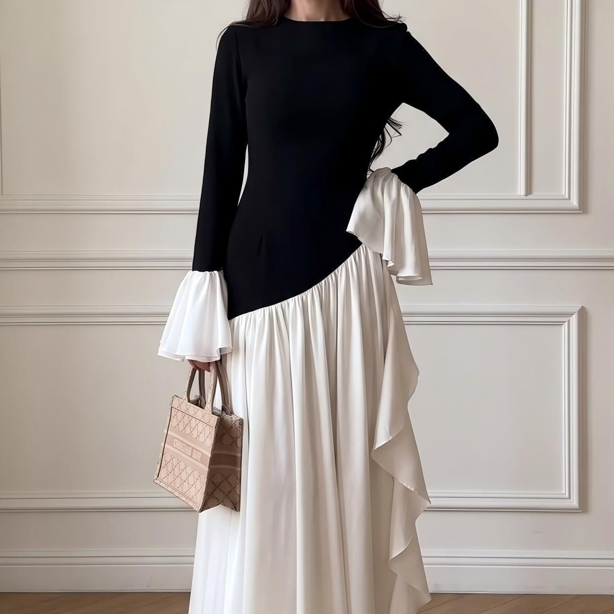 Robe Maxi à Volants aux Poignets et Blocs de Couleurs Noir et Blanc (MS509)