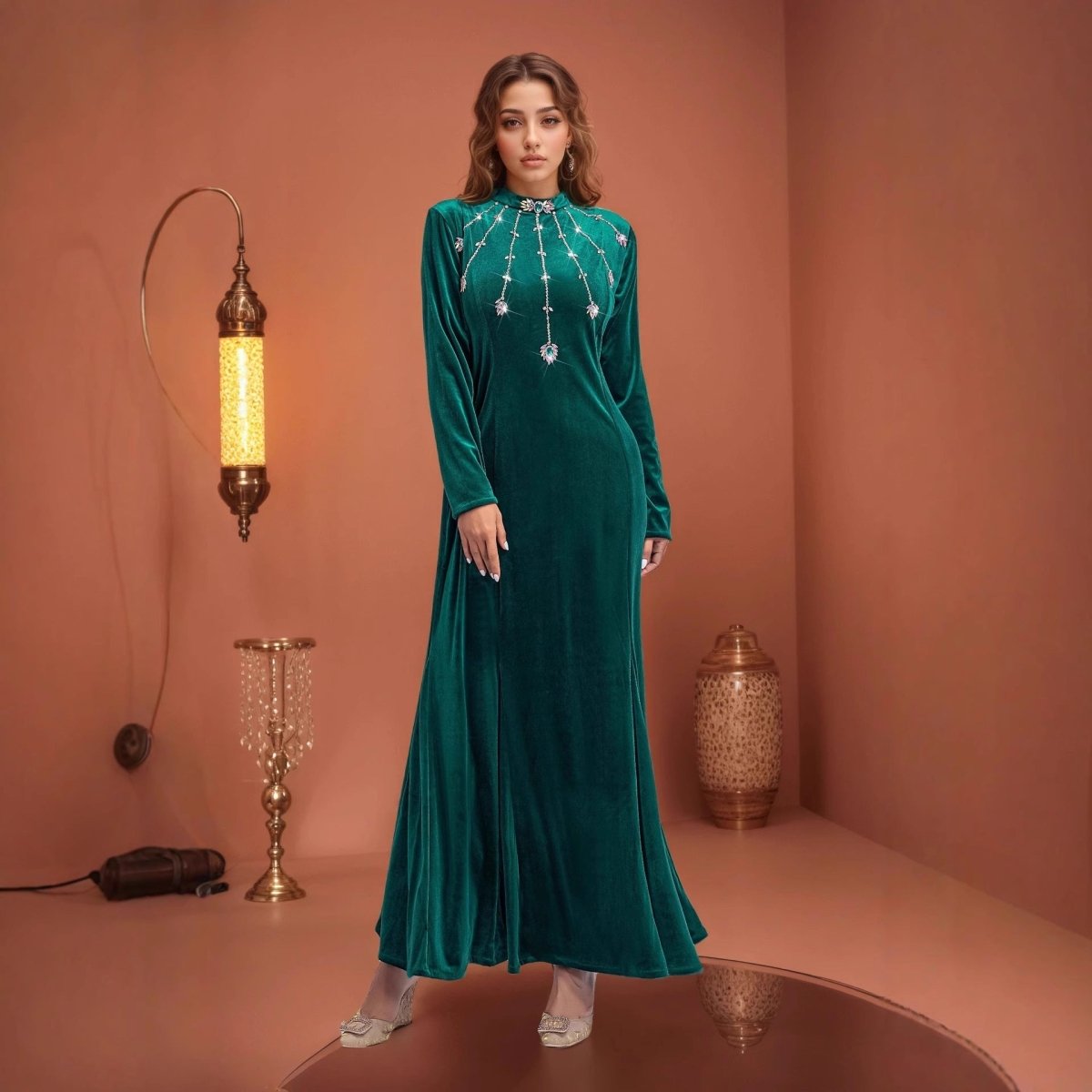 Robe Sirène en Velours Perlé | Robe Fishtail Ornée à la Main (MA375)
