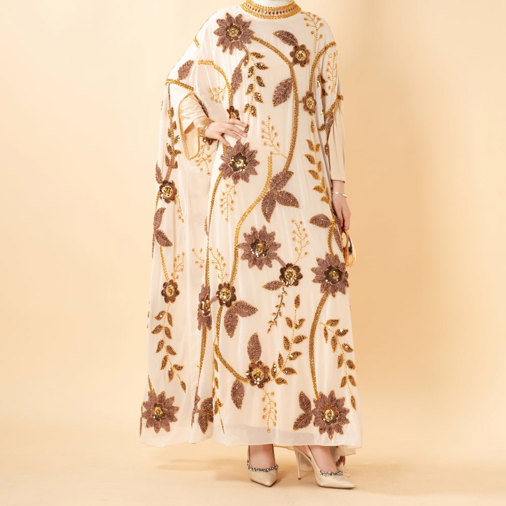 Abaya Floral aux Perles Brodées avec Manches Chauve-Souris Drapées(MA453)