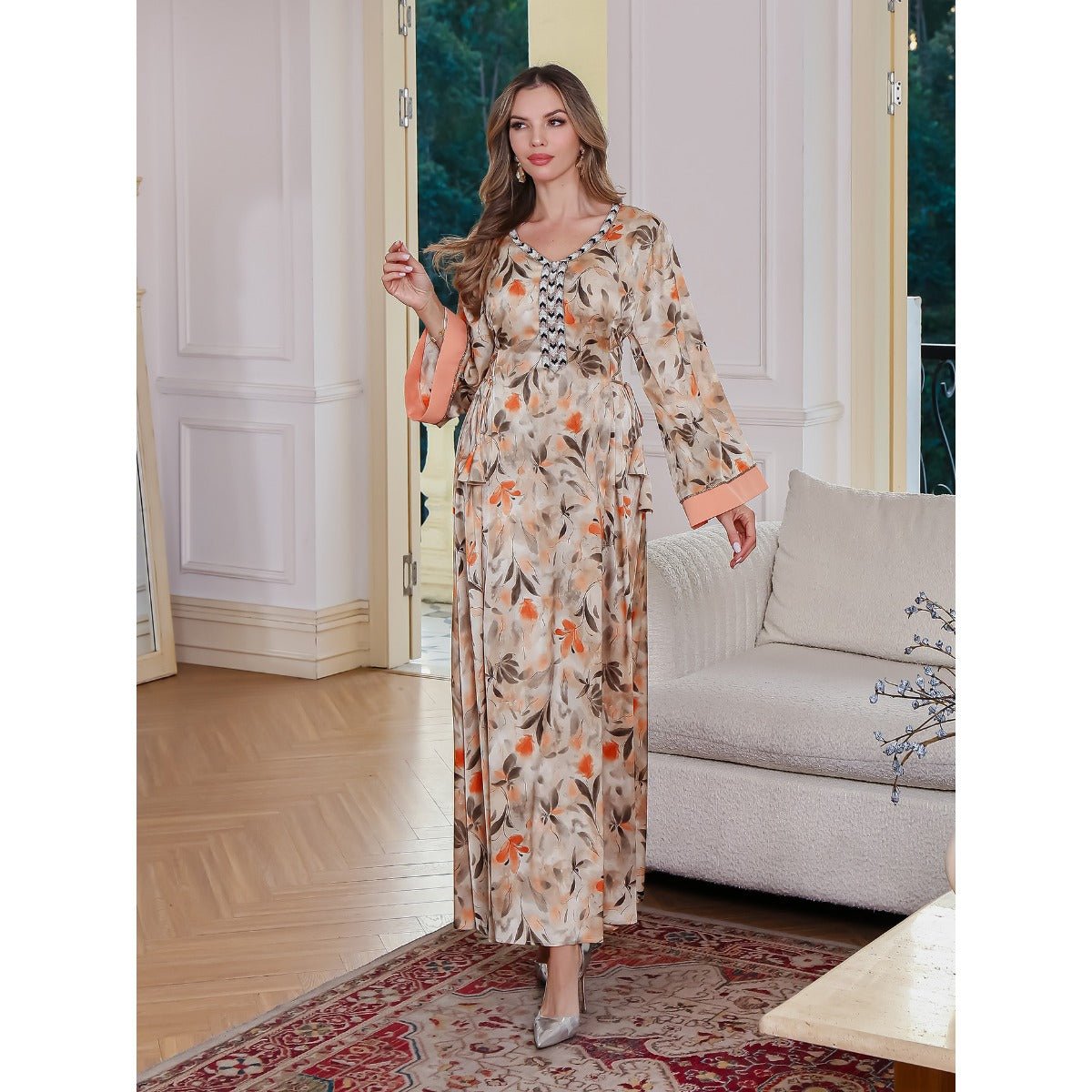 Abaya Botanique Modest Luxury | Robe Fleurie Crème & Orange avec Manches Élégantes (MA260)