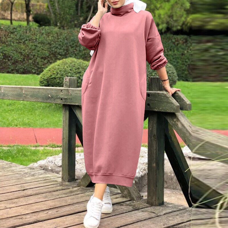 Robe Maxi Col Roulé Doublée Automne Hiver | Robe Sweat Décontractée avec Poignets Élastiqués (MS138)