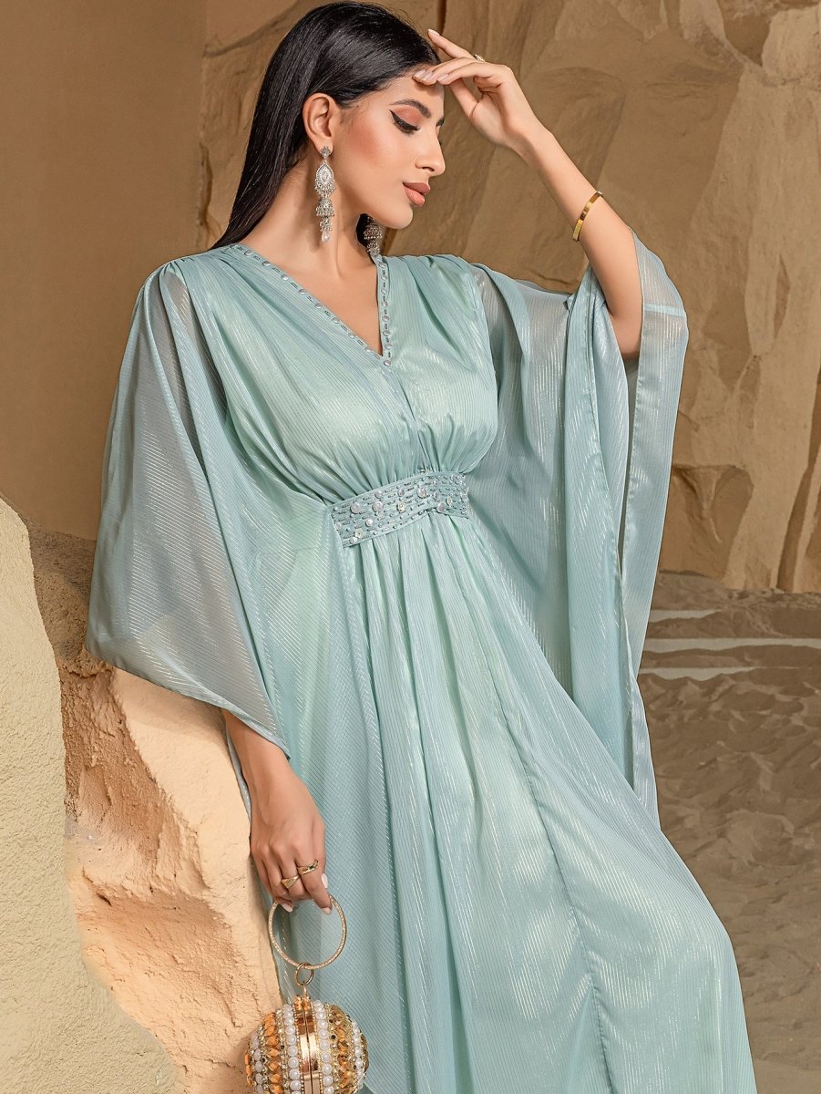 Élégante Abaya Robe pour Voyage et Soirée, Col en V, Perles Brodées à la Main, Finition Luxueuse (MA188)
