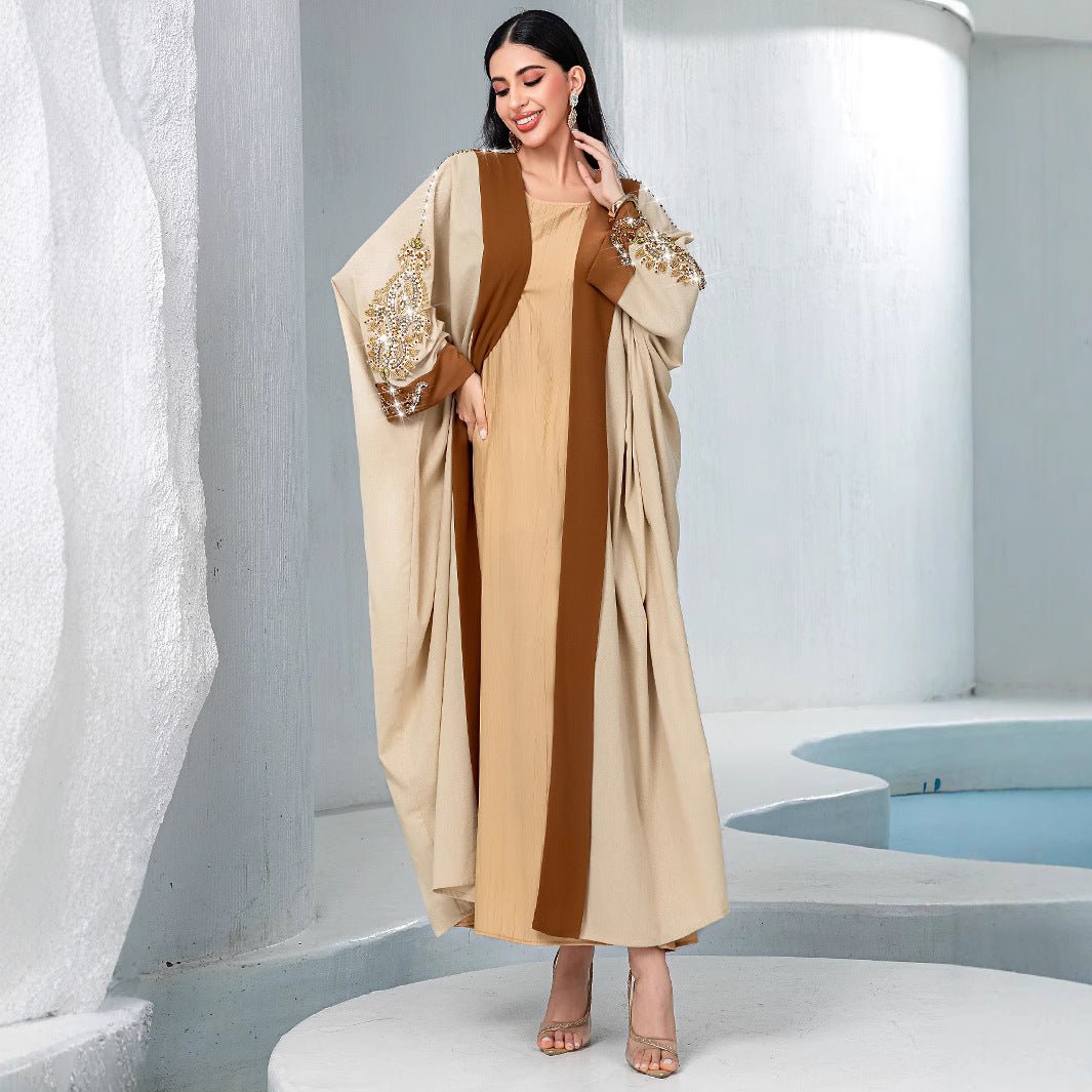 Veste Abaya de Luxe en Perles Rouille pour Mariage et Fêtes Musulmanes, Kaki avec Broderie Dorée Contrastante (MOA158)