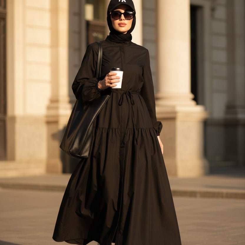 Robe Abaya Maxi Trench Cintrée en Ligne A avec Poches (MA422)