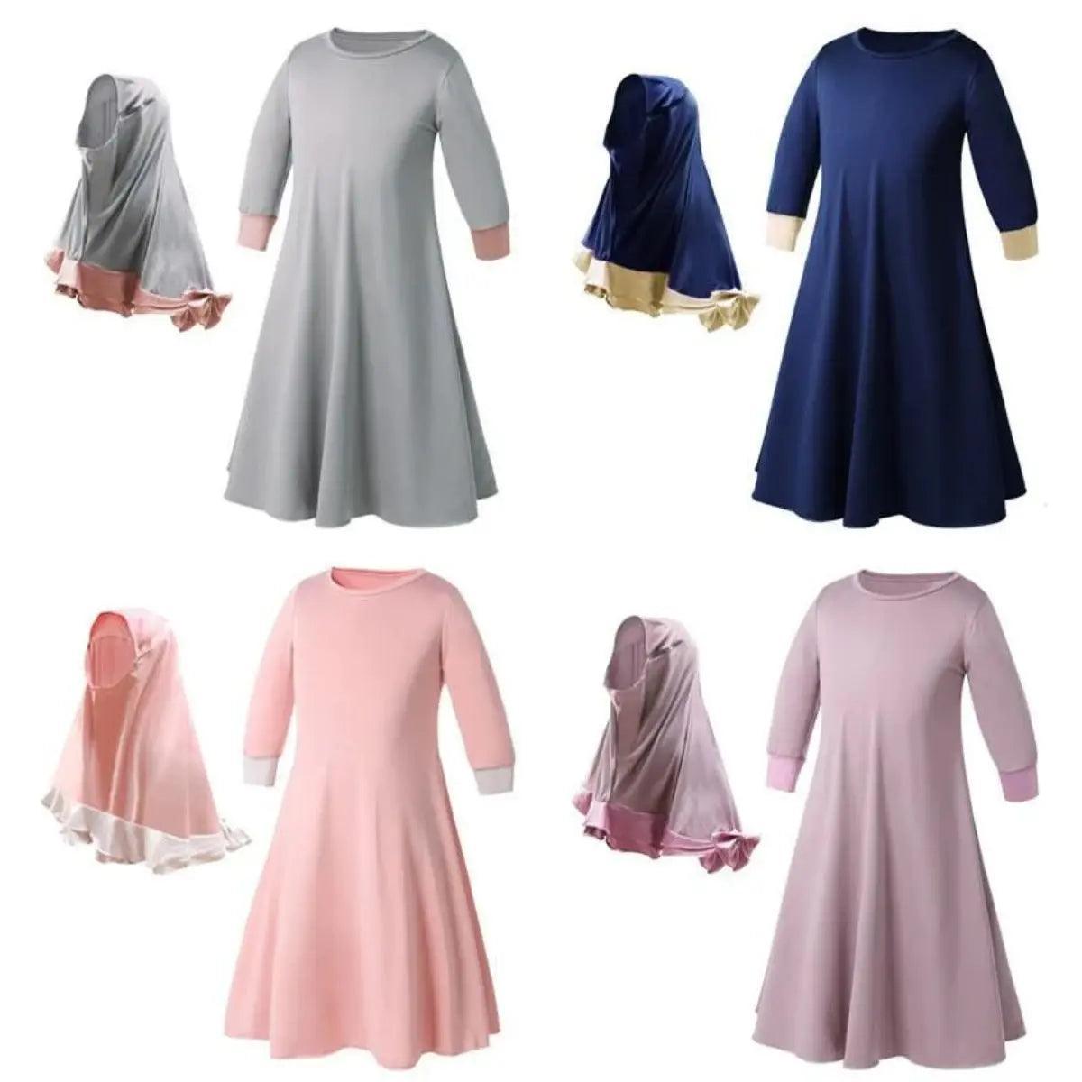 MJ011 Robe en dentelle colorée à manches longues avec foulard nœud assorti pour enfant