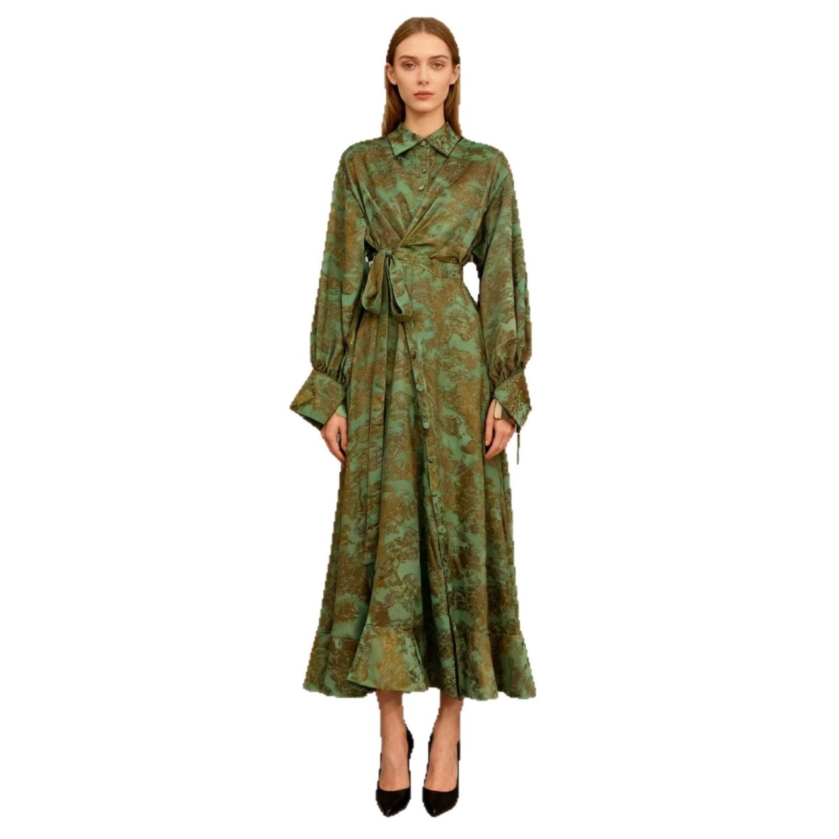 Robe Portefeuille en Jacquard Floral | Robe Maxi à Col et Manches Nouées (MS257)