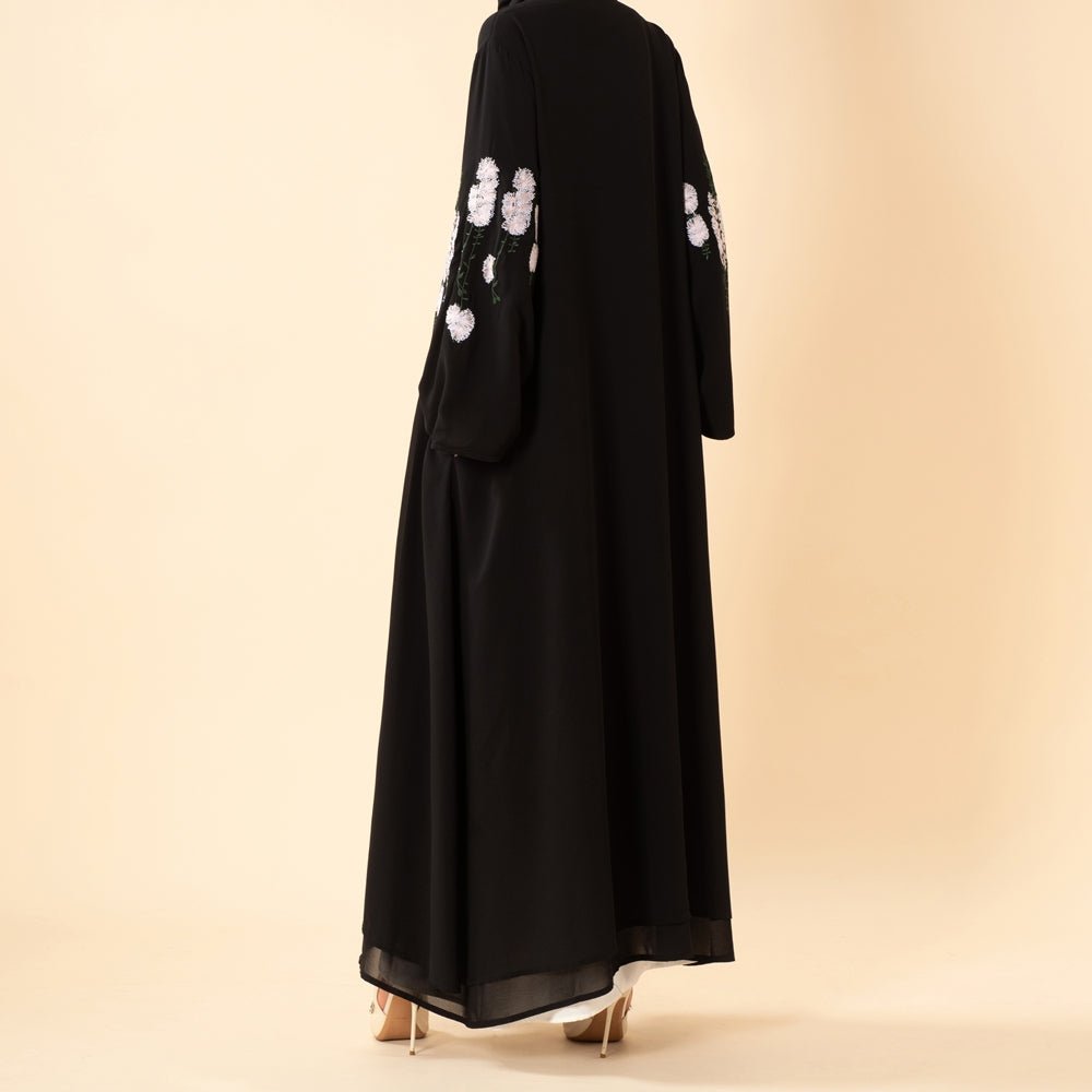 Abaya ouverte en mousseline double épaisseur, brodée de motifs floraux de luxe (MOA308)