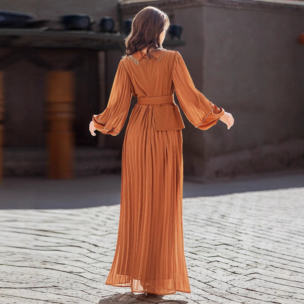 Robe Maxi Plissée à Col en V Perlée à la Main | Robe à Cristaux avec Manches Bouffantes (MS212)