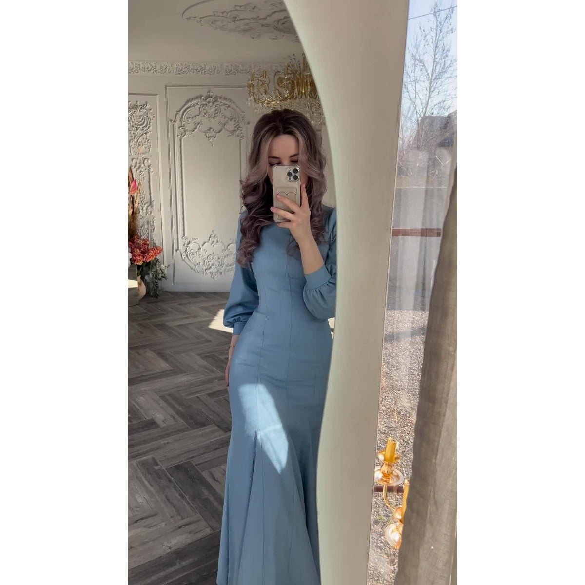 Robe Abaya Sirène en Mousseline Bleue à Manches Longues, Style Cour Élégant Printanier (MA222)