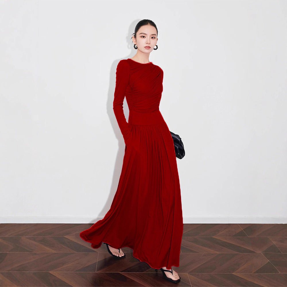 Robe en Maille Asymétrique Froncée avec Jupe Plissée (MS343)