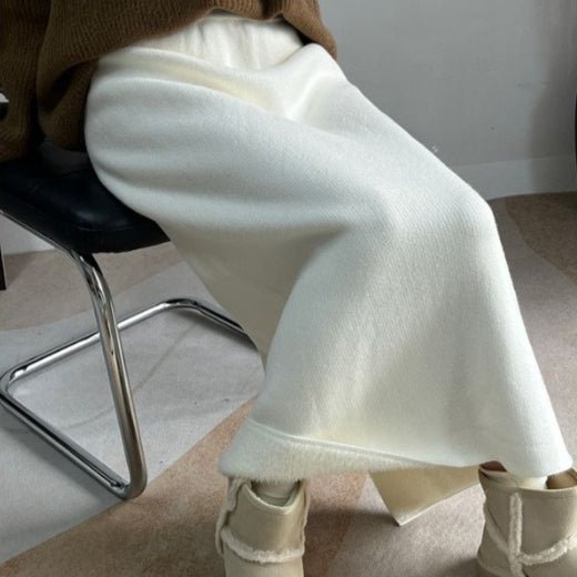 Jupe midi polaire hiver | Jupe en maille chaude taille haute avec fente latérale (MS207)