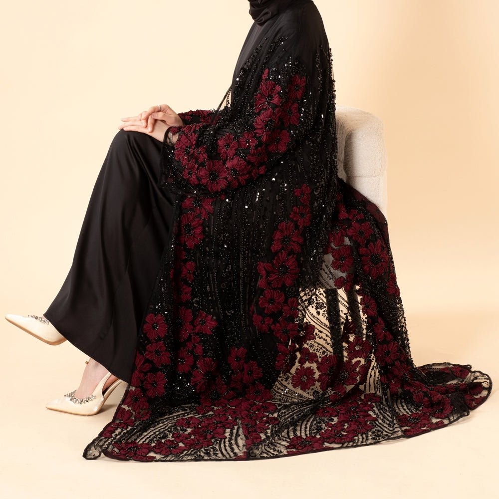 Abaya ouverte de luxe à fleurs 3D perlée paillettée brodée pour Aïd et mariage (MOA307)