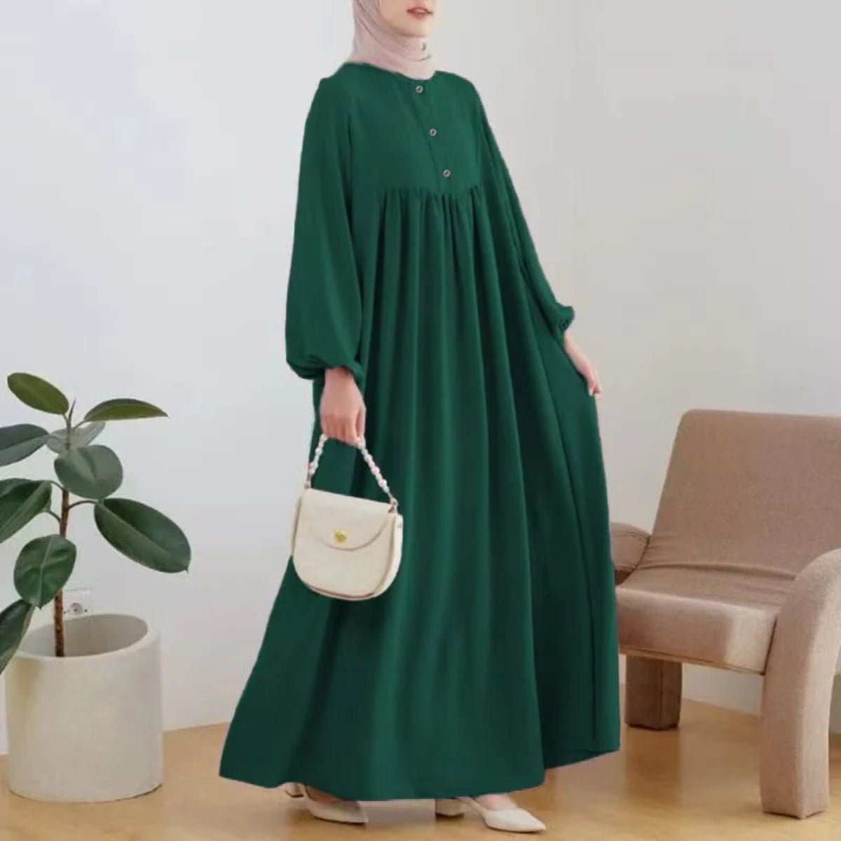 Robe Abaya Maxi Longue Unie à Manches Bouffantes et Boutons, Casual et Élégante (MA157)