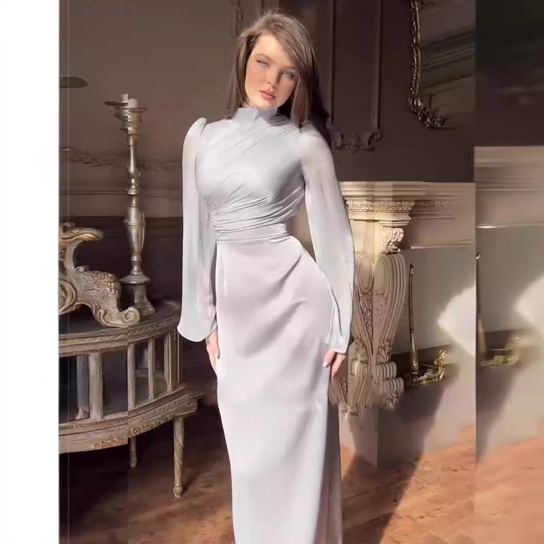 Robe Abaya élégante à demi-col roulé, manches évasées et plis à la française (MA198)