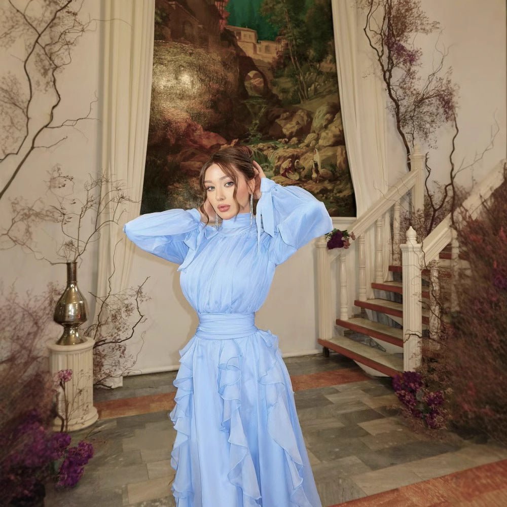 Robe de soirée en mousseline à volants étagés | Robe maxi col haut avec nœuds sur les manches (MA349)