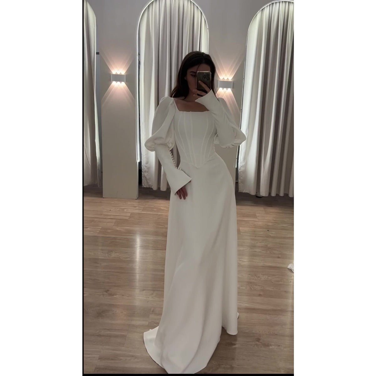 Élégante robe abaya modeste à col carré, manches longues bouffantes, blanche (MA228)