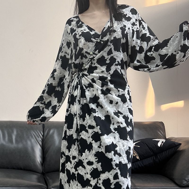 Robe portefeuille longue à motif jacquard et imprimé, style chinois (MS424)