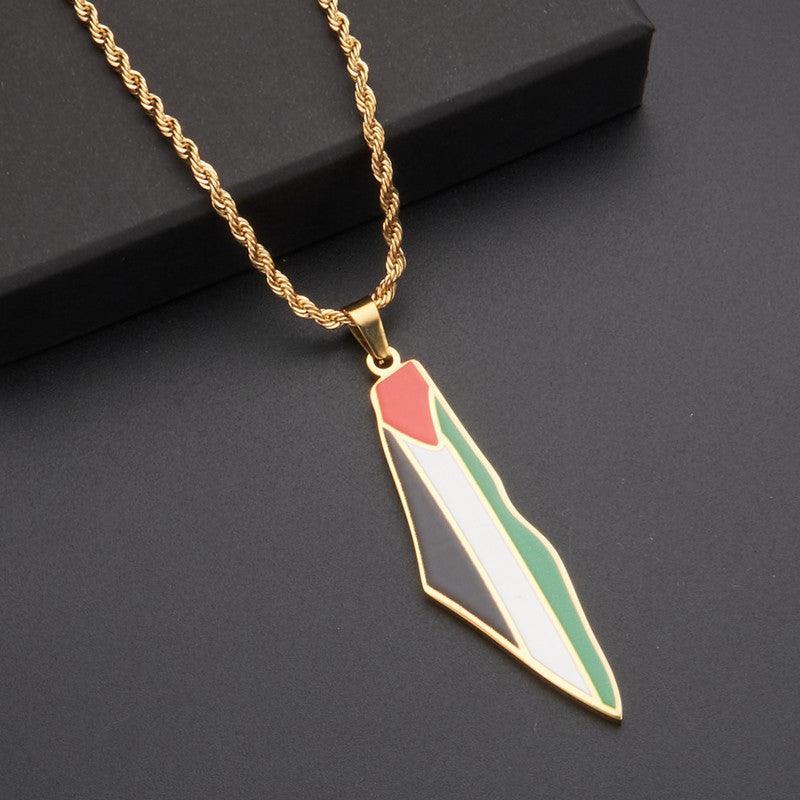 MAC100 Collier pendentif en acier inoxydable vintage, carte de la Palestine et motif keffieh