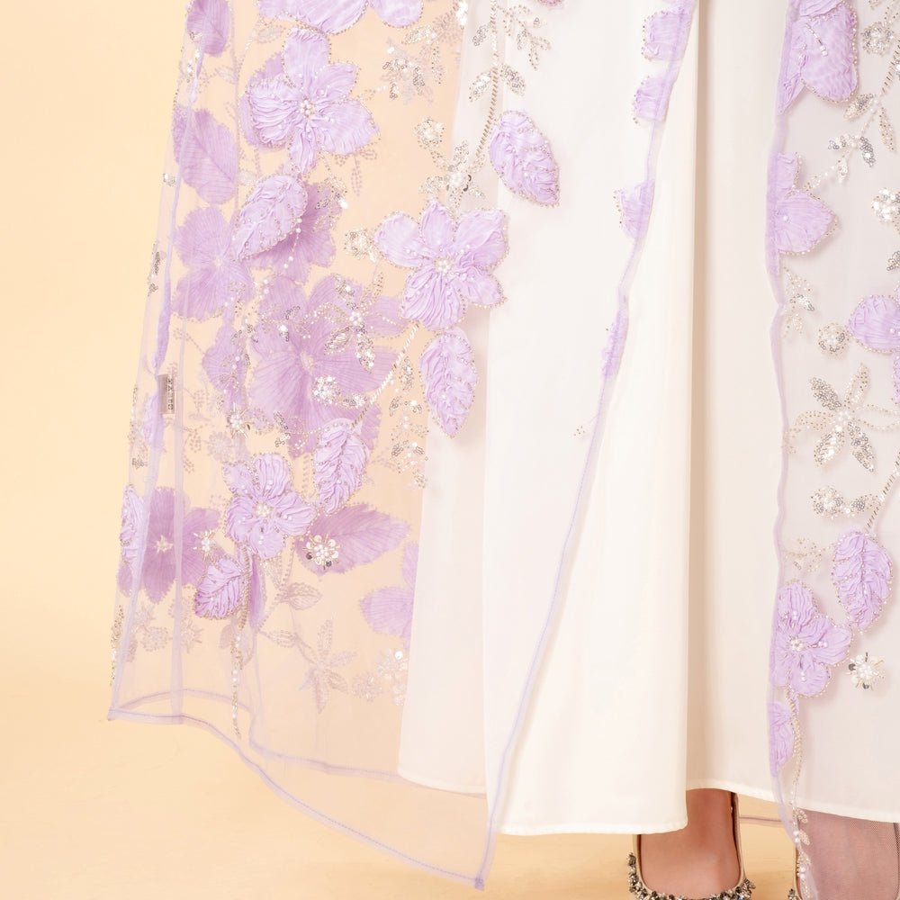 Abaya Mesh Brodée Perlée Floral 3D de Luxe à Ouverture – Abaya d'Occasion Lavande (MOA304)