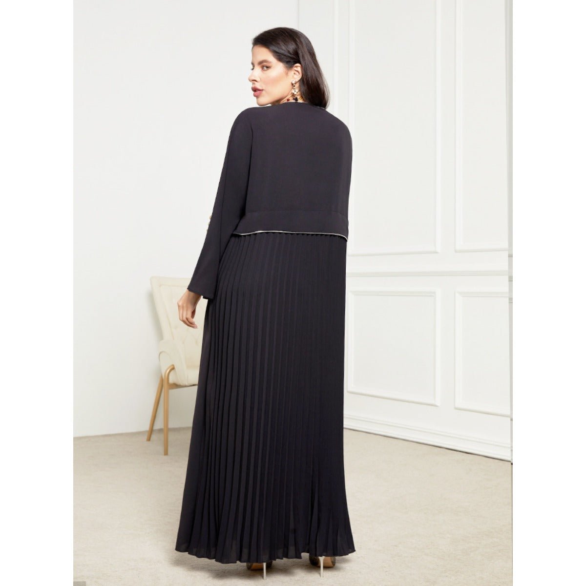 Robe Ouverte Brodée Noire & Argentée - Abaya Élégante et Modeste (MOA216)