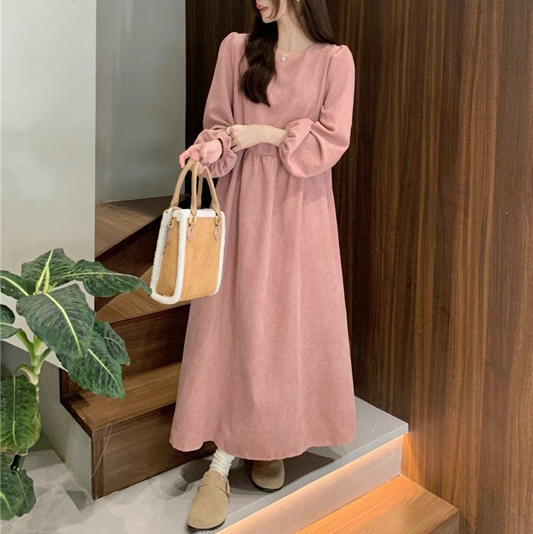 Robe Maxi en Velours Côtelé Français à Manches Lanterne | Robe Froncée à Poignets Élastiques (MS206)