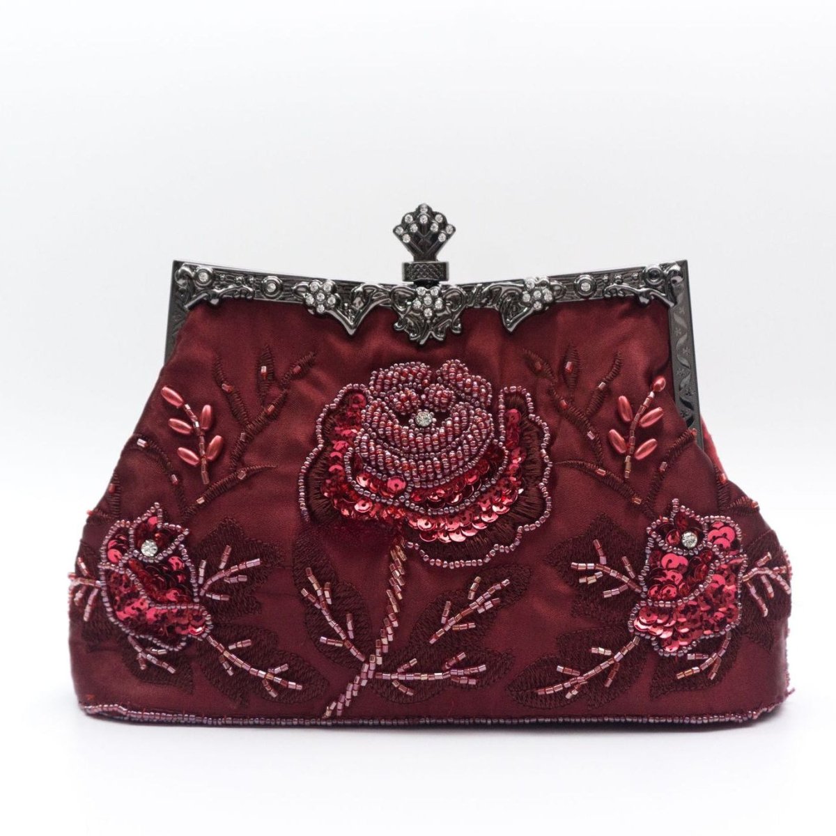 Sac pochette vintage brodé de roses en strass et perles (MAC292)