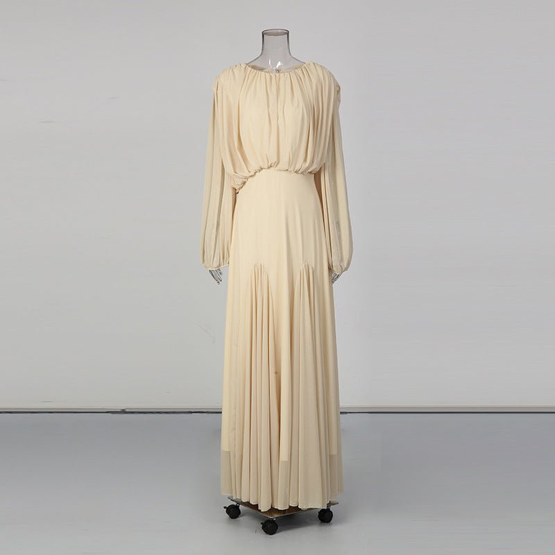 Robe longue col rond, bustier drapé et manches lanterne (MS402)