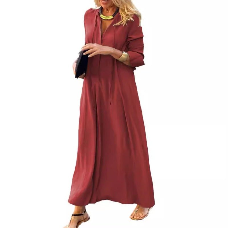 Robe Maxi Élégante à Col en V avec Cordon de Serrage | Tenue Modeste Contemporaine (MS121)