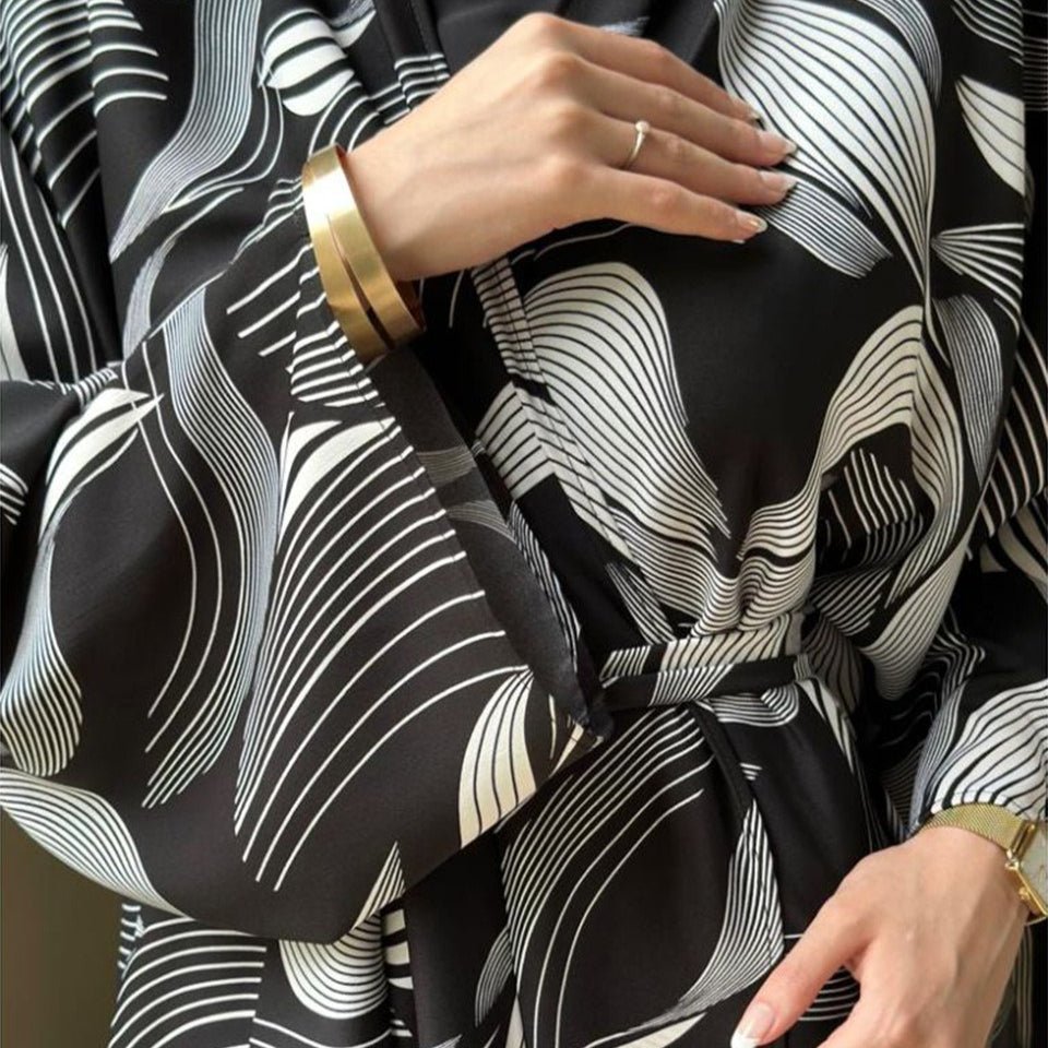 Kimono Abaya à imprimé vagues abstraites | Abaya cardigan oversize à ouverture frontale (MOA265)