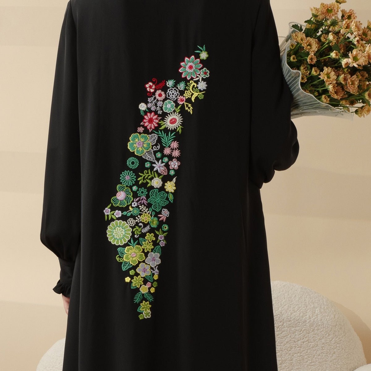 Abaya pull-over modeste avec broderie palestinienne, robe maxi élégante à manches froncées (MA141)