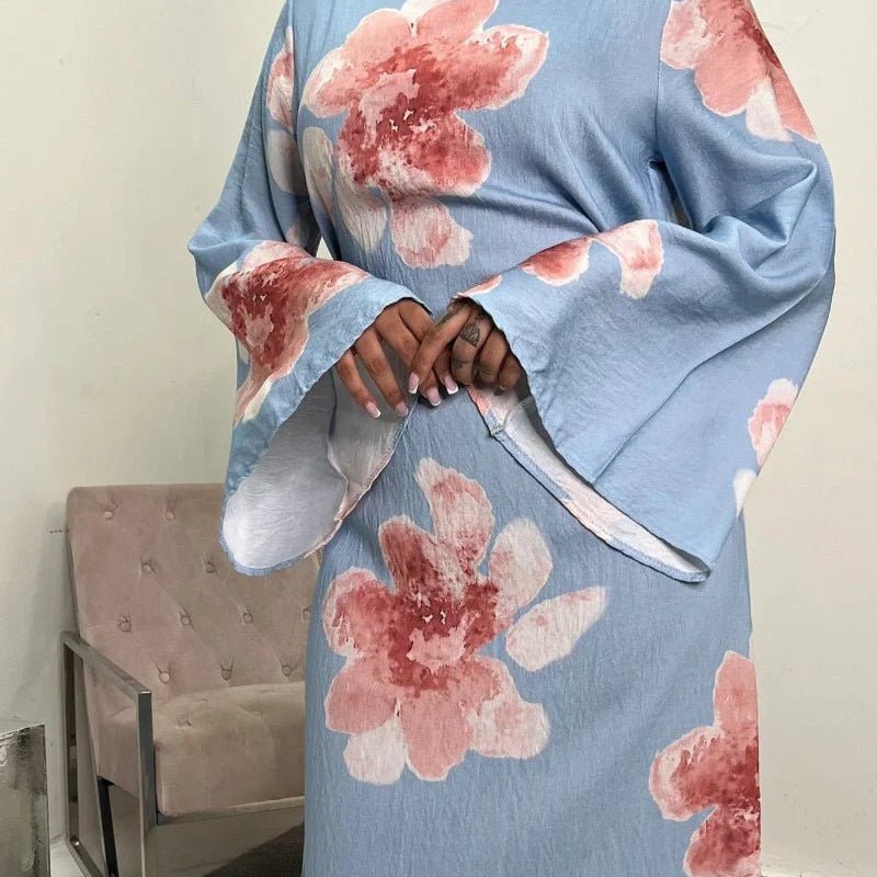 Robe Abaya Maxi à Manches Cloche Imprimé Floral (MA214)