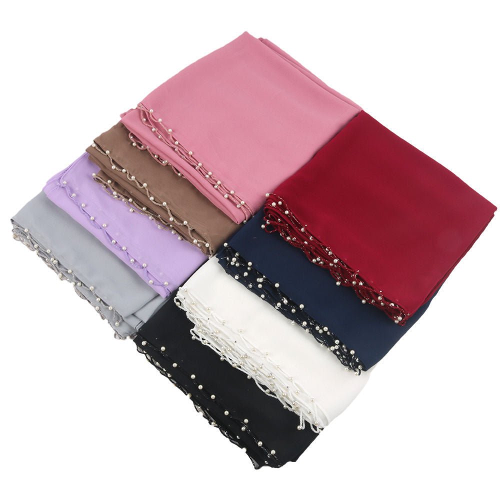 Hijab en Chiffon Uni avec Bordure Perlée Délicate, Vague Ornée de Perles (MH139)