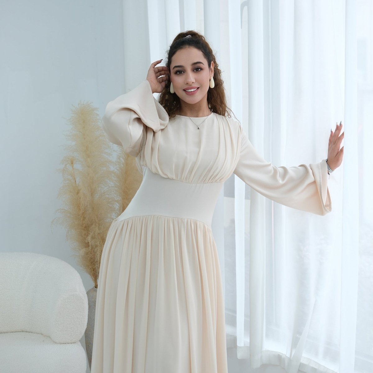 Robe Maxi Manches Évasées en Mousseline(MS498)