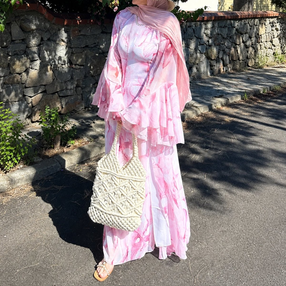 Robe maxi imprimée aquarelle à double couche et manches évasées (MS479)