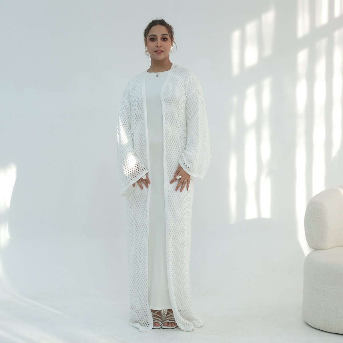 Cardigan Abaya en Maille Ajourée avec Ceinture à la Taille (MOA315)