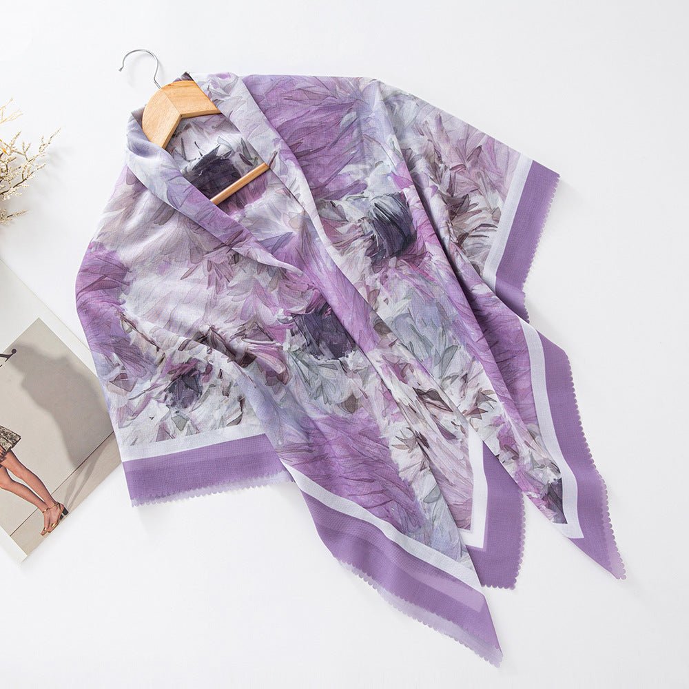 Hijab en voile MH072 à imprimé floral carré, à bordure ondulée